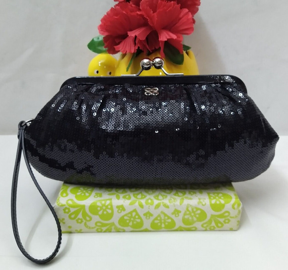 Coach Handbags - Coach Black Sequin Kisslock Framed Large Evening Clutch - Wristlet